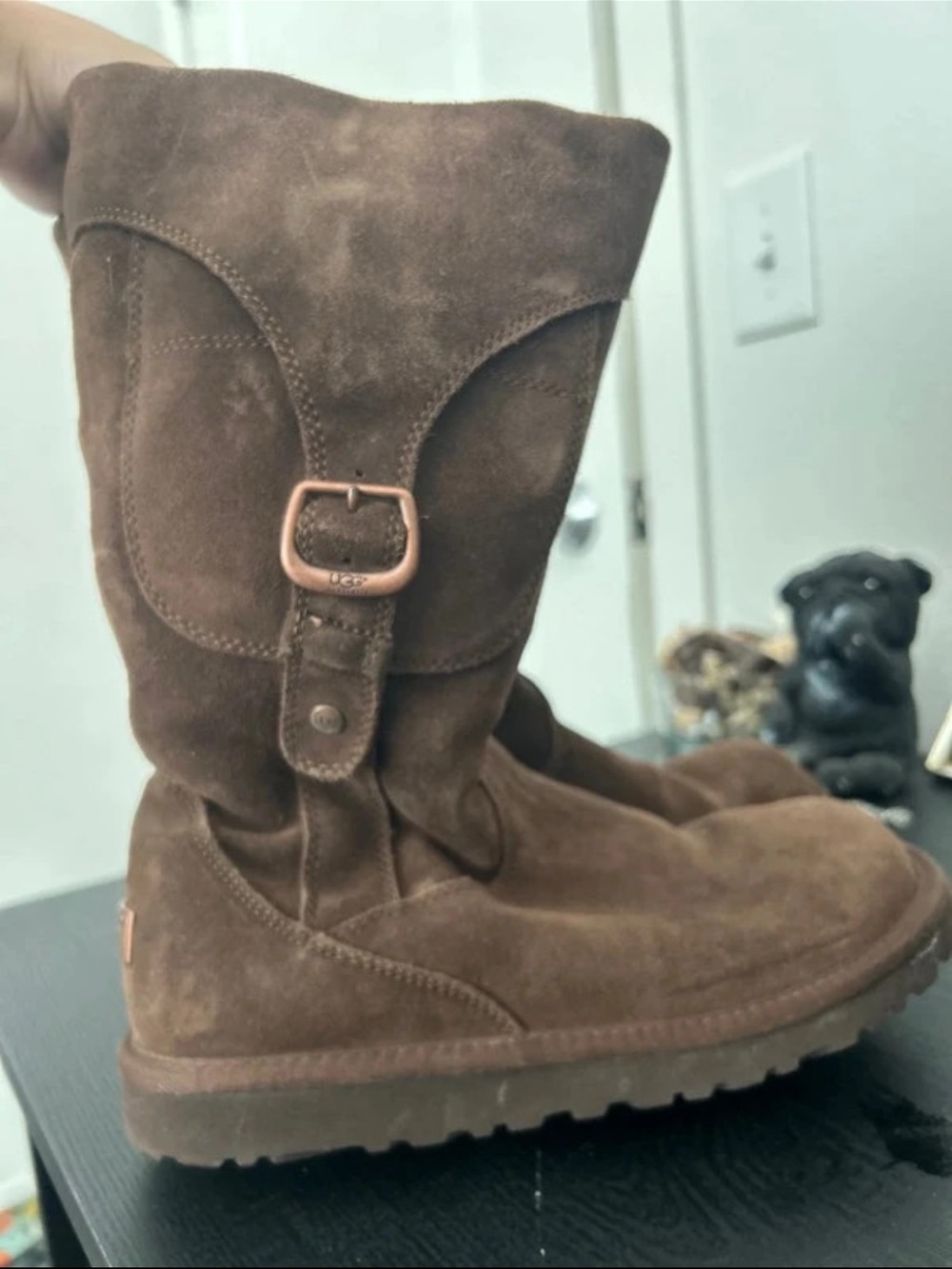 Authentic UGG Australia Brown Suede Mid-Calf Boot with Buckle Accent